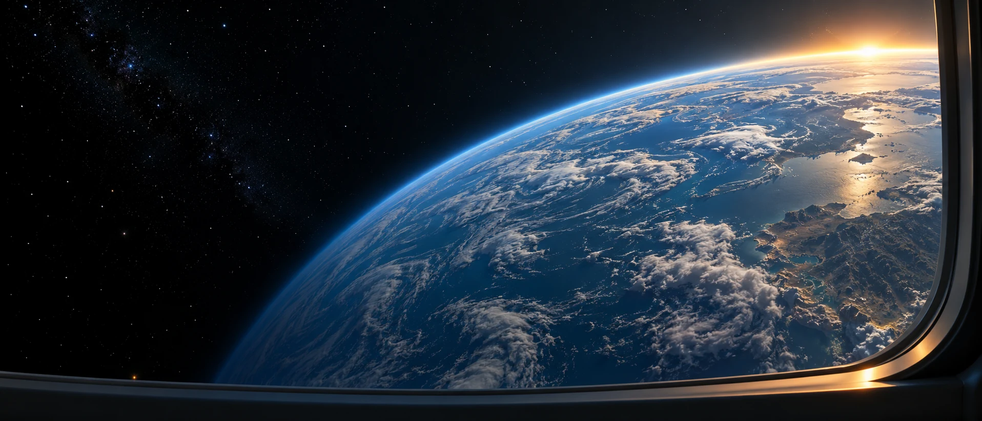 A conceptual view of Earth from an orbital habitat, with a fine blue atmospheric rim