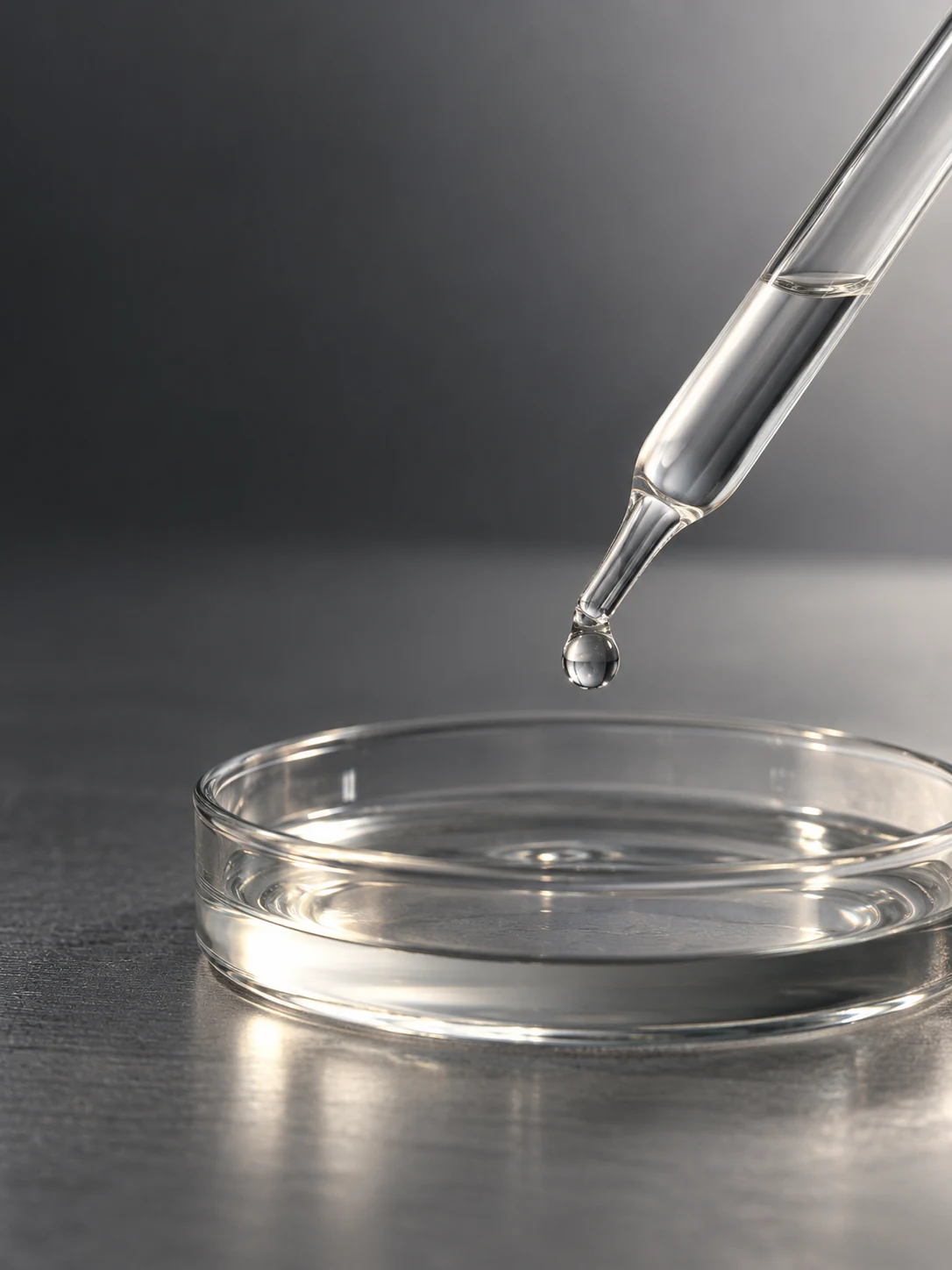 A precision glass pipette suspends a single droplet above a laboratory dish