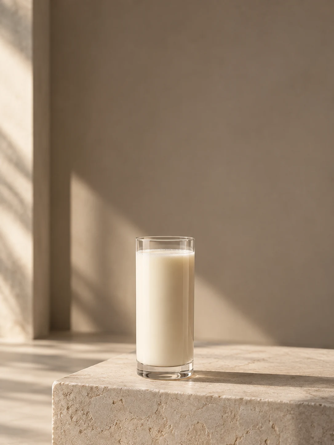 A glass of creamy protein nutrition in warm architectural light